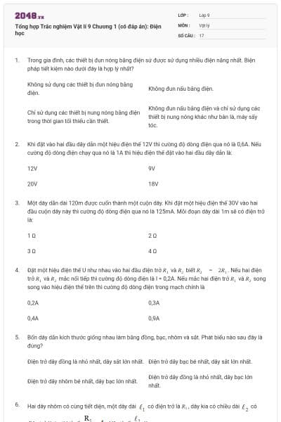 Tổng hợp Trắc nghiệm Vật lí 9 Chương 1 (có đáp án): Điện học