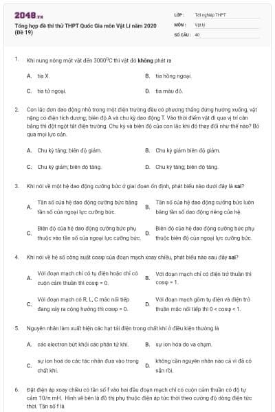 Tổng hợp đề thi thử THPT Quốc Gia môn Vật Lí năm 2020 (Đề 19)