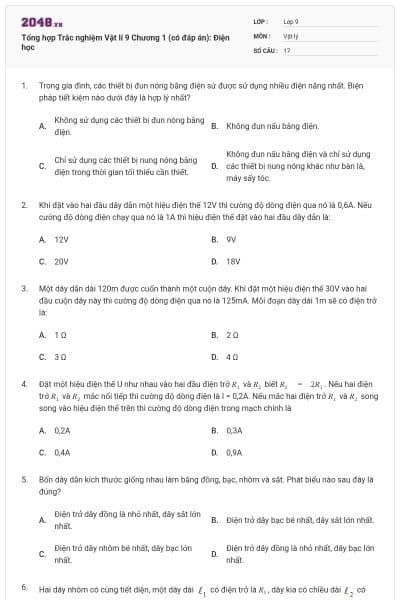 Tổng hợp Trắc nghiệm Vật lí 9 Chương 1 (có đáp án): Điện học