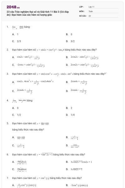 23 câu Trắc nghiệm Đại số và Giải tích 11 Bài 3 (Có đáp án): Đạo hàm của các hàm số lượng giác