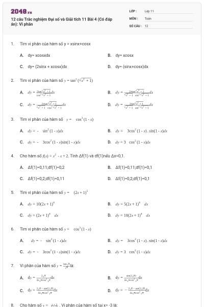 12 câu Trắc nghiệm Đại số và Giải tích 11 Bài 4 (Có đáp án): Vi phân