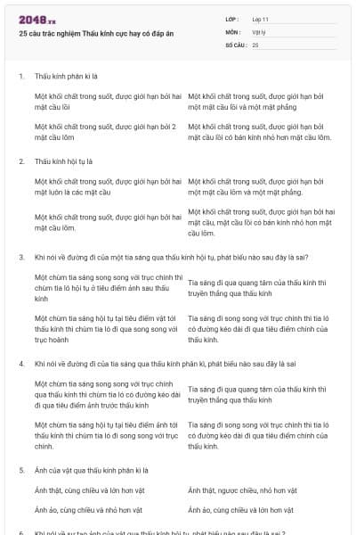 25 câu trắc nghiệm Thấu kính cực hay có đáp án