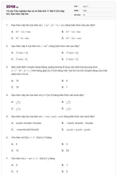 10 câu Trắc nghiệm Đại số và Giải tích 11 Bài 5 (Có đáp án): Đạo hàm cấp hai