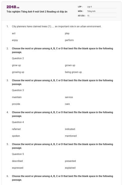 Trắc nghiệm Tiếng Anh 9 mới Unit 2 Reading có đáp án