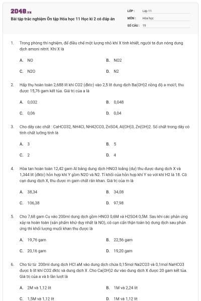 Bài tập trắc nghiệm Ôn tập Hóa học 11 Học kì 2 có đáp án