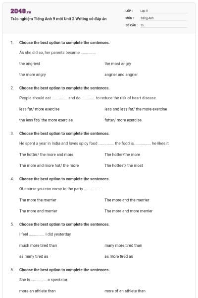 Trắc nghiệm Tiếng Anh 9 mới Unit 2 Writing có đáp án