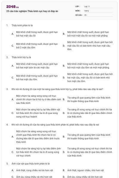 25 câu trắc nghiệm Thấu kính cực hay có đáp án