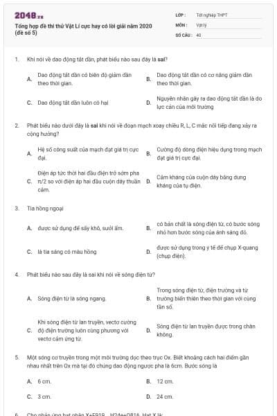 Tổng hợp đề thi thử Vật Lí cực hay có lời giải năm 2020 (đề số 5)