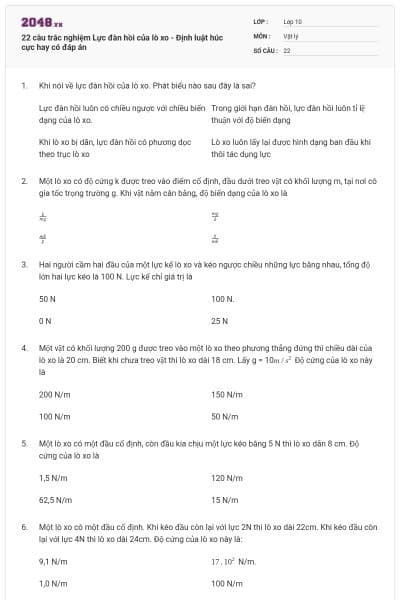 22 câu trắc nghiệm Lực đàn hồi của lò xo - Định luật húc cực hay có đáp án