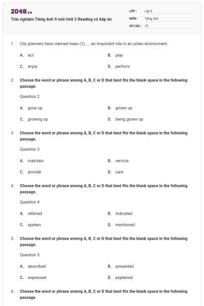 Trắc nghiệm Tiếng Anh 9 mới Unit 2 Reading có đáp án