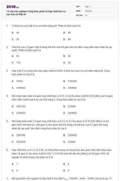 15 câu trắc nghiệm Công thức phân tử hợp chất hữu cơ cực hay có đáp án