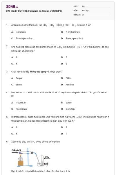 225 câu Lý thuyết Hidrocacbon có lời giải chi tiết (P1)