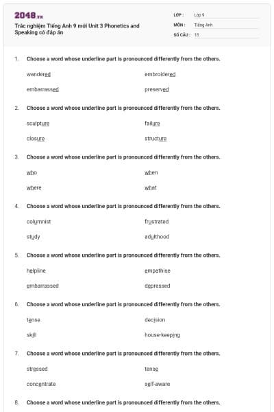 Trắc nghiệm Tiếng Anh 9 mới Unit 3 Phonetics and Speaking có đáp án