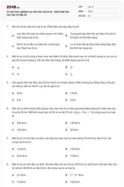 22 câu trắc nghiệm Lực đàn hồi của lò xo - Định luật húc cực hay có đáp án