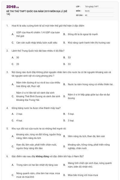 ĐỀ THI THỬ THPT QUỐC GIA NĂM 2019 MÔN ĐỊA LÍ (ĐỀ 14)