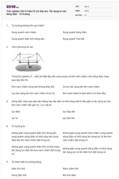 Trắc nghiệm Vật lí 9 Bài 22 (có đáp án): Tác dụng từ của dòng điện - Từ trường