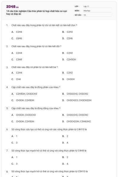14 câu trắc nghiệm Cấu trúc phân tử hợp chất hữu cơ cực hay có đáp án