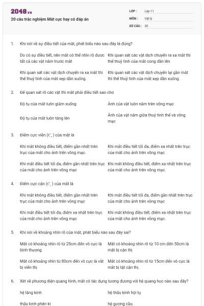 20 câu trắc nghiệm Mắt cực hay có đáp án