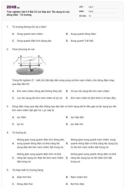Trắc nghiệm Vật lí 9 Bài 22 (có đáp án): Tác dụng từ của dòng điện - Từ trường