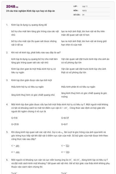 24 câu trắc nghiệm Kính lúp cực hay có đáp án