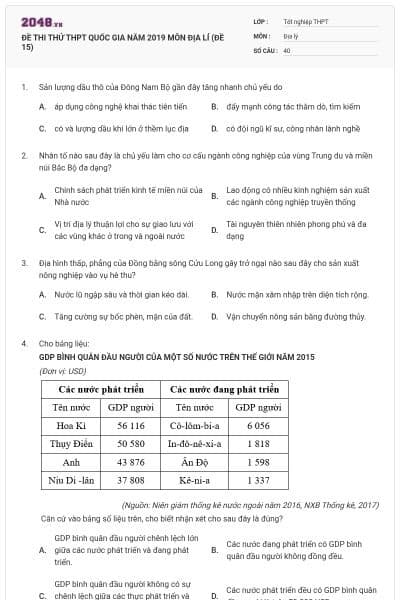 ĐỀ THI THỬ THPT QUỐC GIA NĂM 2019 MÔN ĐỊA LÍ (ĐỀ 15)