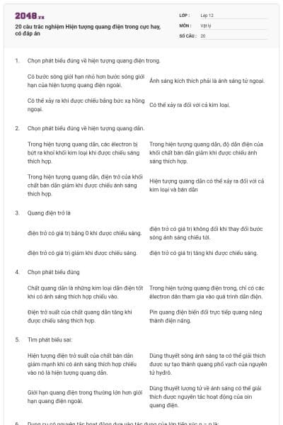 20 câu trắc nghiệm Hiện tượng quang điện trong cực hay, có đáp án