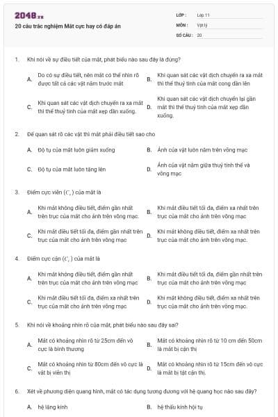 20 câu trắc nghiệm Mắt cực hay có đáp án