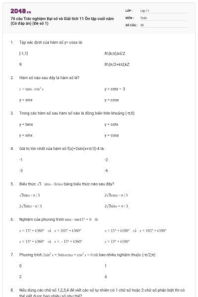 76 câu Trắc nghiệm Đại số và Giải tích 11 Ôn tập cuối năm (Có đáp án) (Đề số 1)