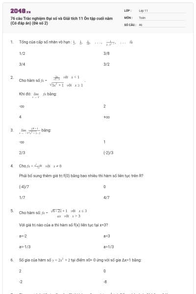 76 câu Trắc nghiệm Đại số và Giải tích 11 Ôn tập cuối năm (Có đáp án) (Đề số 2)