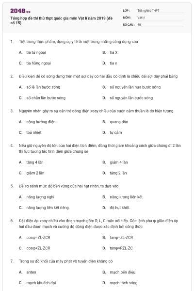 Tổng hợp đề thi thử thpt quốc gia môn Vật lí năm 2019 (đề số 15)