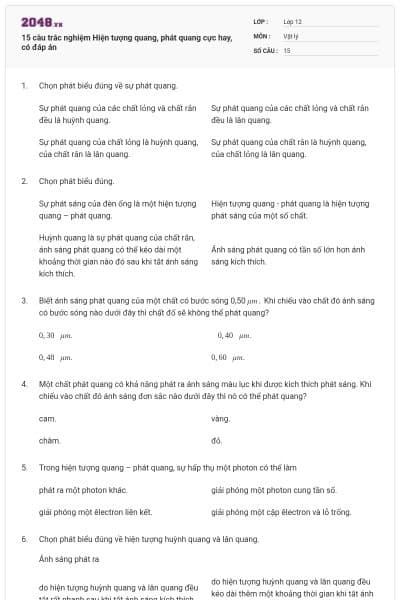 15 câu trắc nghiệm Hiện tượng quang, phát quang cực hay, có đáp án