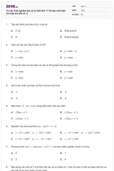 76 câu Trắc nghiệm Đại số và Giải tích 11 Ôn tập cuối năm (Có đáp án) (Đề số 1)