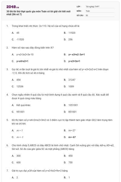 30 Đề thi thử thpt quốc gia môn Toán có lời giải chi tiết mới nhất (Đề số 7)