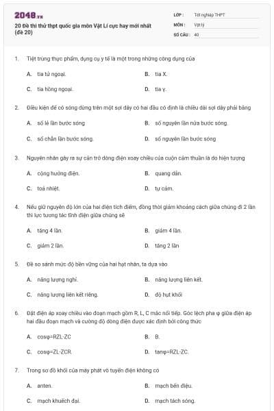 20 Đề thi thử thpt quốc gia môn Vật Lí cực hay mới nhất (đề 20)