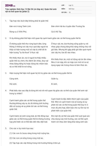 Trắc nghiệm Sinh Học 12 Bài 36 (có đáp án): Quần thể sinh vật và mối quan hệ (phần 2)