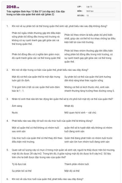 Trắc nghiệm Sinh Học 12 Bài 37 (có đáp án): Các đặc trưng cơ bản của quần thể sinh vật (phần 2)