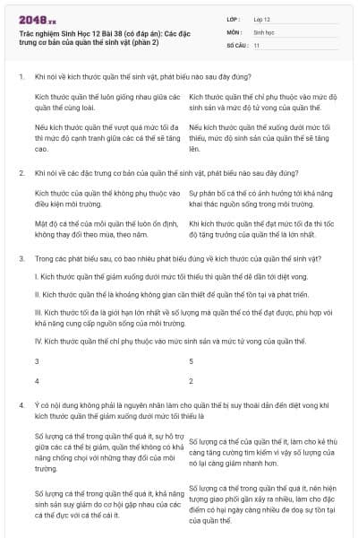 Trắc nghiệm Sinh Học 12 Bài 38 (có đáp án): Các đặc trưng cơ bản của quần thể sinh vật (phần 2)