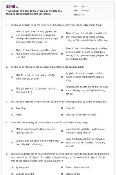 Trắc nghiệm Sinh Học 12 Bài 37 (có đáp án): Các đặc trưng cơ bản của quần thể sinh vật (phần 2)