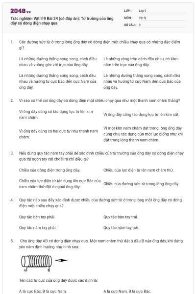 Trắc nghiệm Vật lí 9 Bài 24 (có đáp án): Từ trường của ống dây có dòng điện chạy qua