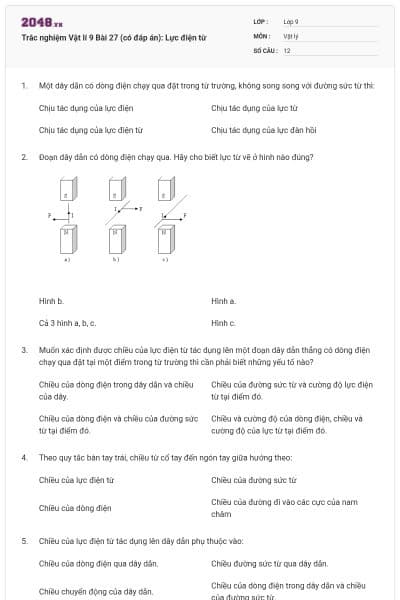 Trắc nghiệm Vật lí 9 Bài 27 (có đáp án): Lực điện từ