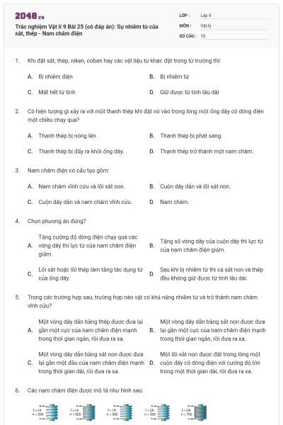 Trắc nghiệm Vật lí 9 Bài 25 (có đáp án): Sự nhiễm từ của sắt, thép - Nam châm điện