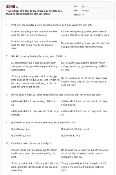 Trắc nghiệm Sinh Học 12 Bài 38 (có đáp án): Các đặc trưng cơ bản của quần thể sinh vật (phần 3)