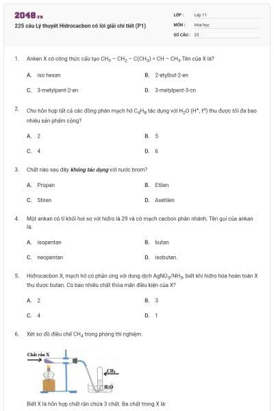 225 câu Lý thuyết Hidrocacbon có lời giải chi tiết (P1)