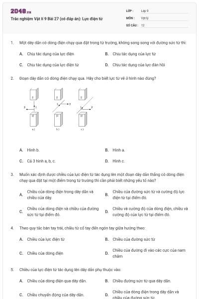 Trắc nghiệm Vật lí 9 Bài 27 (có đáp án): Lực điện từ