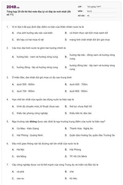 Tổng hợp 20 đề thi thử môn Địa Lý có đáp án mới nhất (đề số 11)