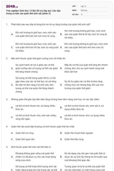 Trắc nghiệm Sinh Học 12 Bài 38 (có đáp án): Các đặc trưng cơ bản của quần thể sinh vật (phần 3)