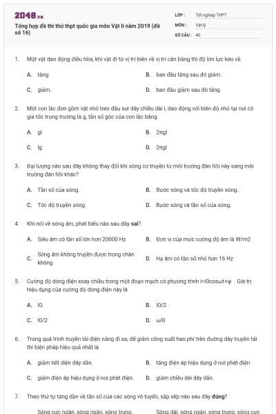 Tổng hợp đề thi thử thpt quốc gia môn Vật lí năm 2019 (đề số 16)