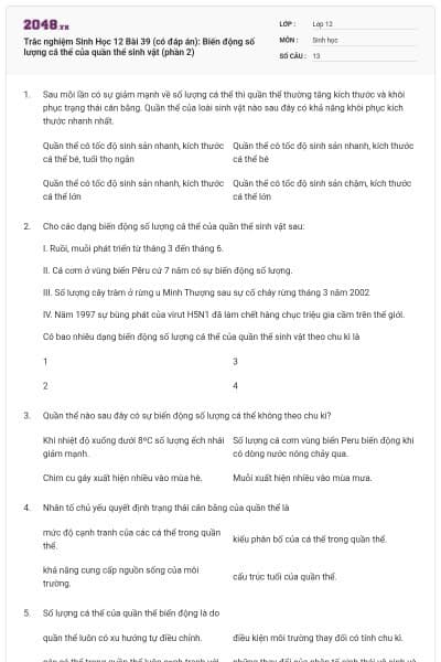 Trắc nghiệm Sinh Học 12 Bài 39 (có đáp án): Biến động số lượng cá thể của quần thể sinh vật (phần 2)