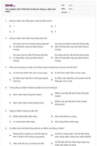 Trắc nghiệm Vật lí 9 Bài 28 (có đáp án): Động cơ điện một chiều