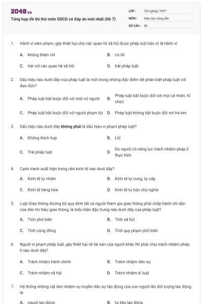 Tổng hợp đề thi thử môn GDCD có đáp án mới nhất (Đề 7)